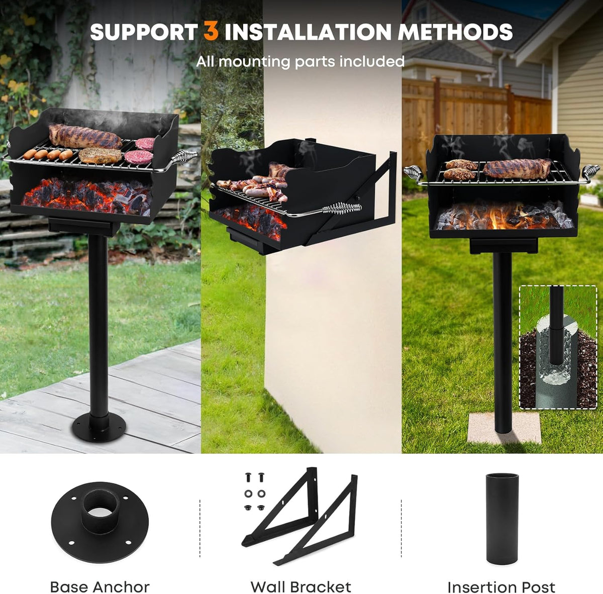 Stanbroil Charcoal Barbecue Grill for Outdoor, Heavy Duty Steel Park BBQ Grill with Stainless Steel Cooking Grate and Above/In Ground Post for Camping and Backyard