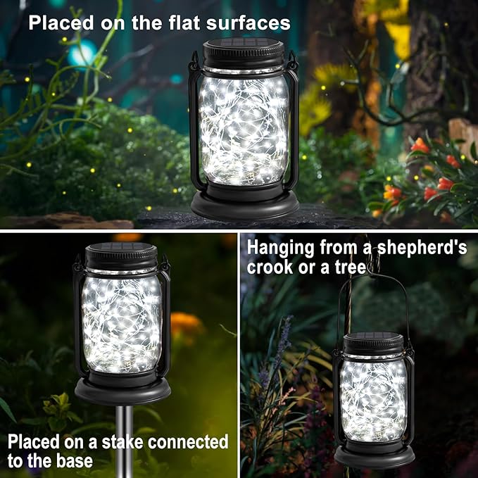4 Pack Hanging Solar Lantern Lights, 30LED Vintage Glass Mason Jar Solar Fairy Lights Outdoor Decorative Waterproof Table Lamp with Stakes for Patio Yard Lawn Tree