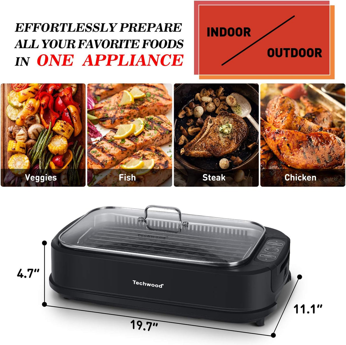 Techwood 1500W Smokeless Indoor Electric Grill with Non-Stick Plates and Tempered Glass Lid - Korean Grill with Temperature Control