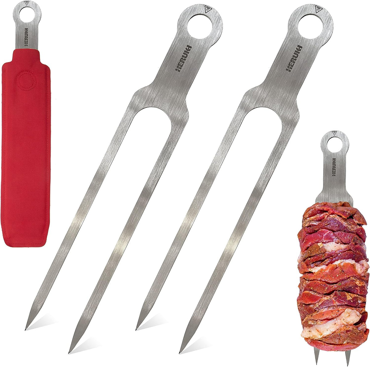Double Skewers 14.4" Stainless Steel Heavy Duty Double Prong Skewers for BBQ Kabob Shawarma Meat Fish Chicken Gift for Valentine Accessories for Grill Master Arsenal - 2 Units (Silver and red)