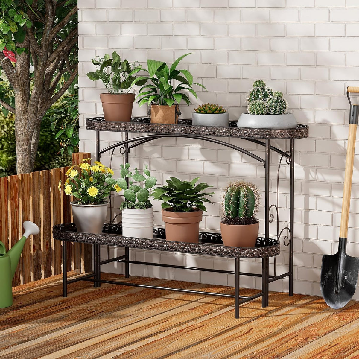 Plant Stand Outdoor Indoor 2 Tier Metal Pland Stand, Detachable Heavy Duty Tall Plant Shelf Rack Flower Pot Holder for Patio Garden Balcony Living Room, Distressed Vintage Black