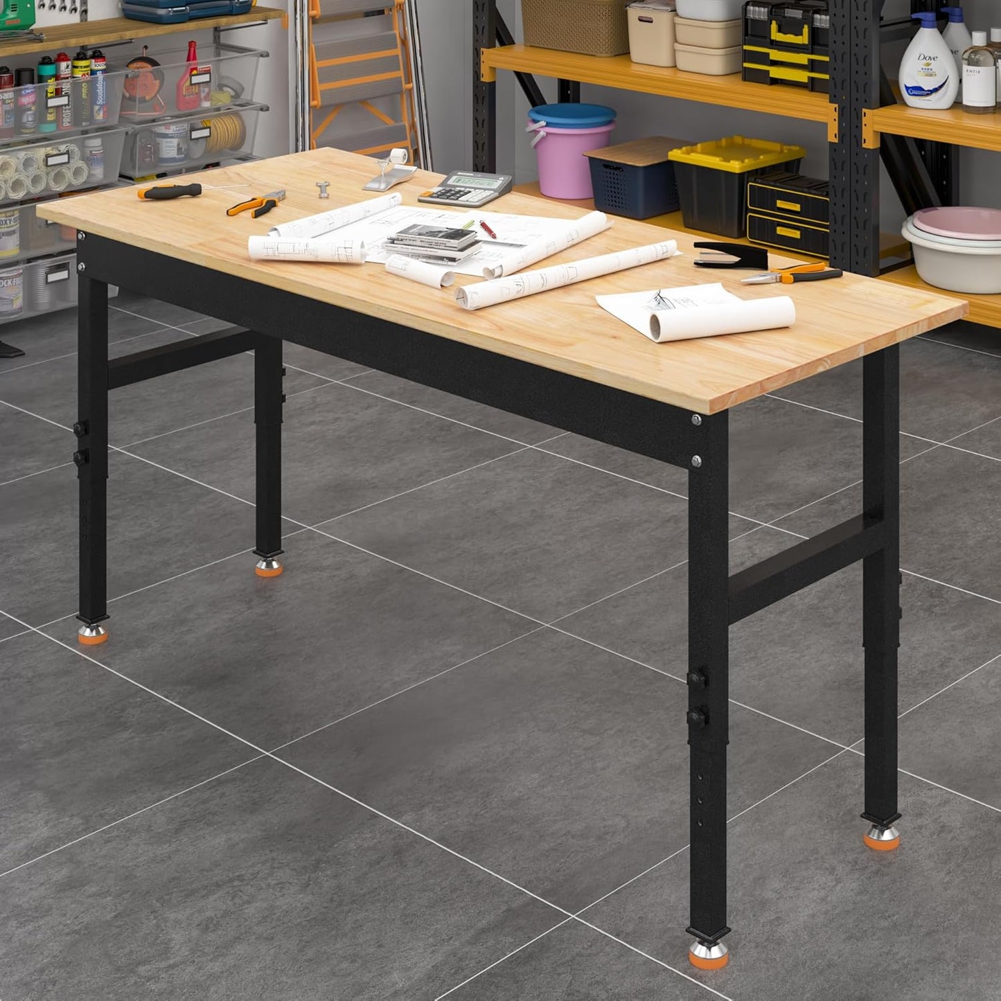 48" Adjustable Work Bench, Rubber Wood Top Workbench Heavy-Duty Work Table, 2000 LBS Load Capacity Hardwood Work Benches for Garage, Workshop, Home, Office, Easy Assembly