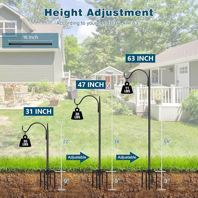 Gtongoko Adjustable 63 inch Shepherds Hooks for Outdoor Bird Feeder with 5 Prongs, Bird Feeder Pole Garden Hooks for Hanging Lanterns, Plants Baskets, Hummingbird Feeders, 1 Pack