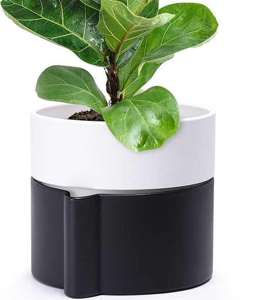 8 Inch Self-Watering Planter Pot with Terracotta Insert, Deep Water Reservoir, and Ceramic-Alike BPA-Free Plastic Planter Pot for Plant, Modern Planter for Houseplants, Black/White, 53-C-T-7