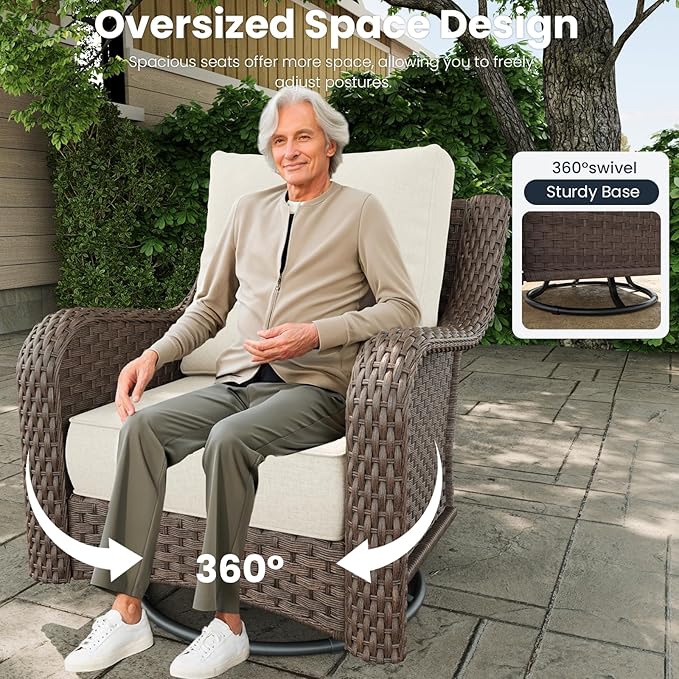 5 Pieces Outdoor Patio Furniture Sets with Rocking Swivel Chairs with 6-inch Thick Cushion and Side Table for Deck Lawn