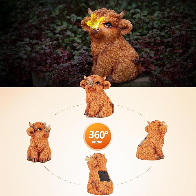 Highland Cow Solar Powered Outdoor Garden Statue, Resin Highland Cow Statue with Solar Light Lantern, Decorative Lawn, Yard Outdoor Highland Cow Decor. Unique home decorations, gifts for women