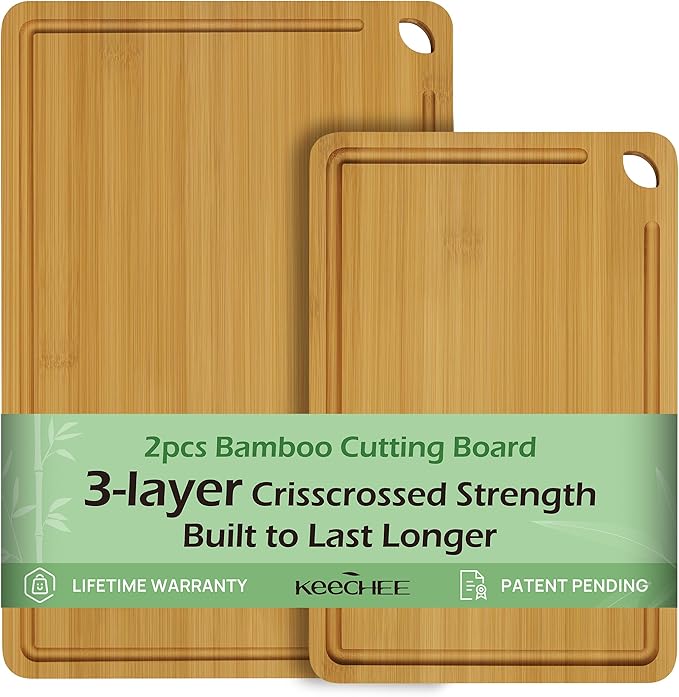 Chopping Board Duo 2-Pcs Natural Bamboo With Juice Channels & Knife-Friendly Finish For Versatile Kitchen Use, Ideal Charcuterie & Chopping Multi-Use
