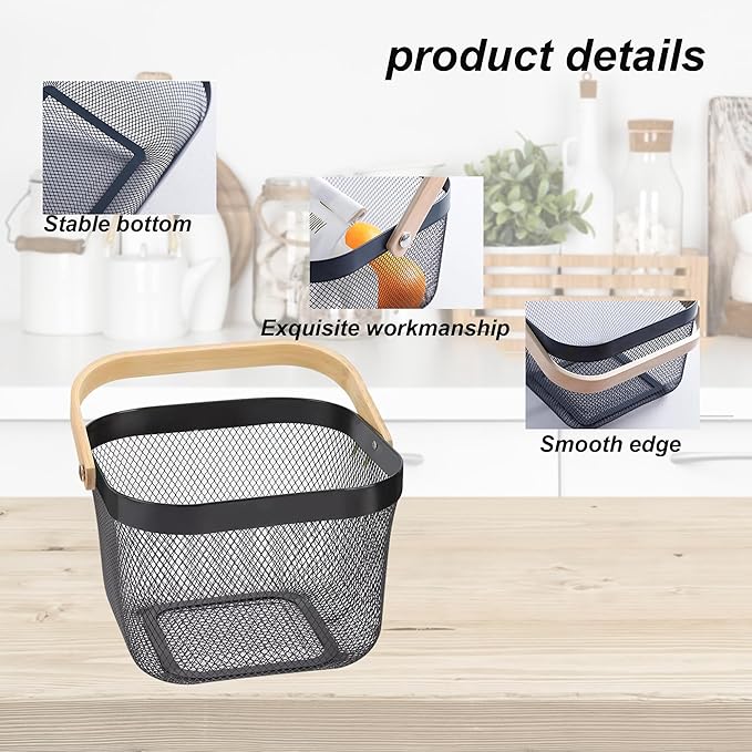 2 Pack Garden Harvest Baskets, Picnic Baskets with Durable Metal Mesh and Bamboo Handle, Perfect for Shopping, Gardening, Picnics, and Organizing
