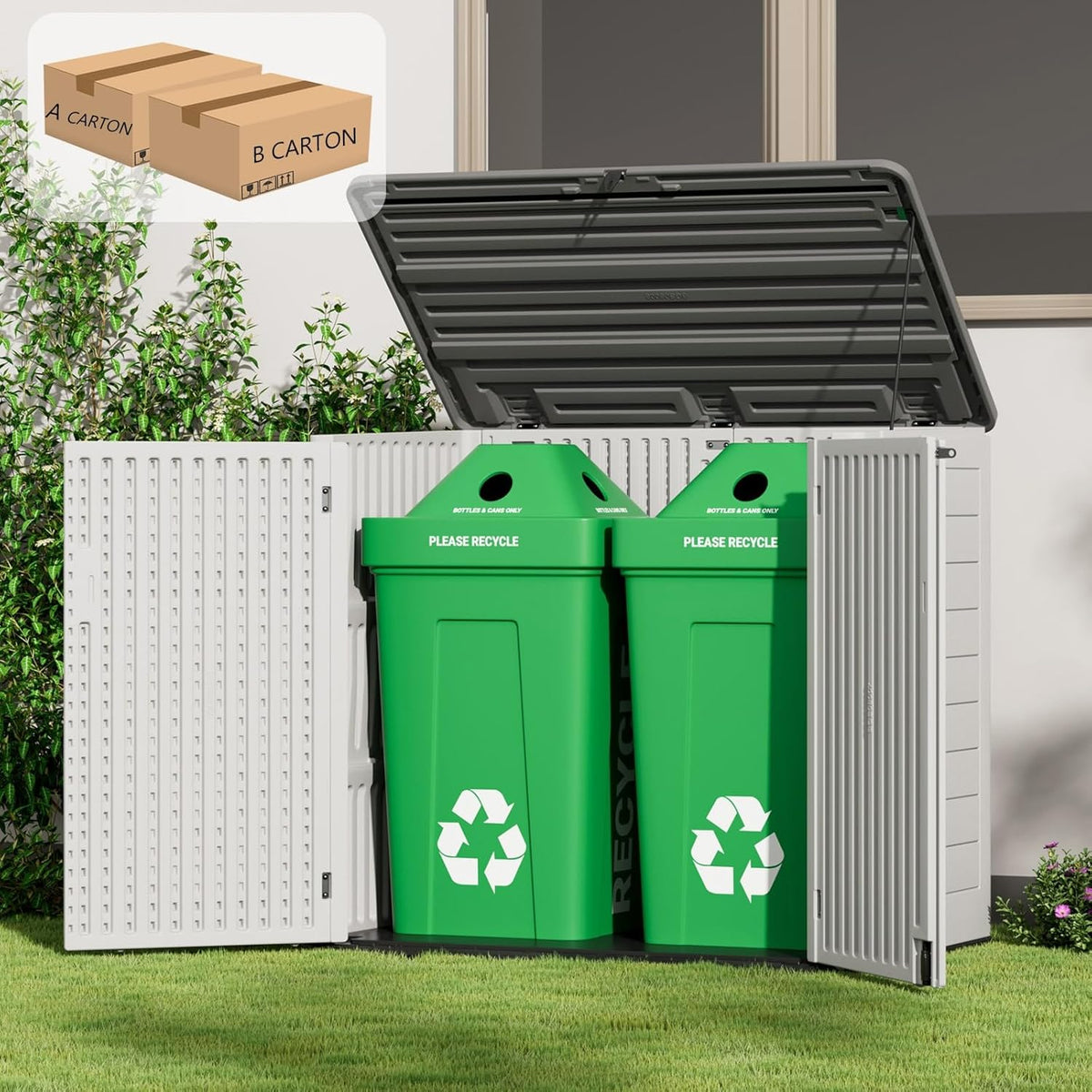 ZZM Large Outdoor Storage Shed, 48 Cu Ft Resin Versatile Storage Cabinet for Patio Accessories, Trash Cans & Garden Tools, Durable Horizontal Storage Box with Lockable Lid (White)