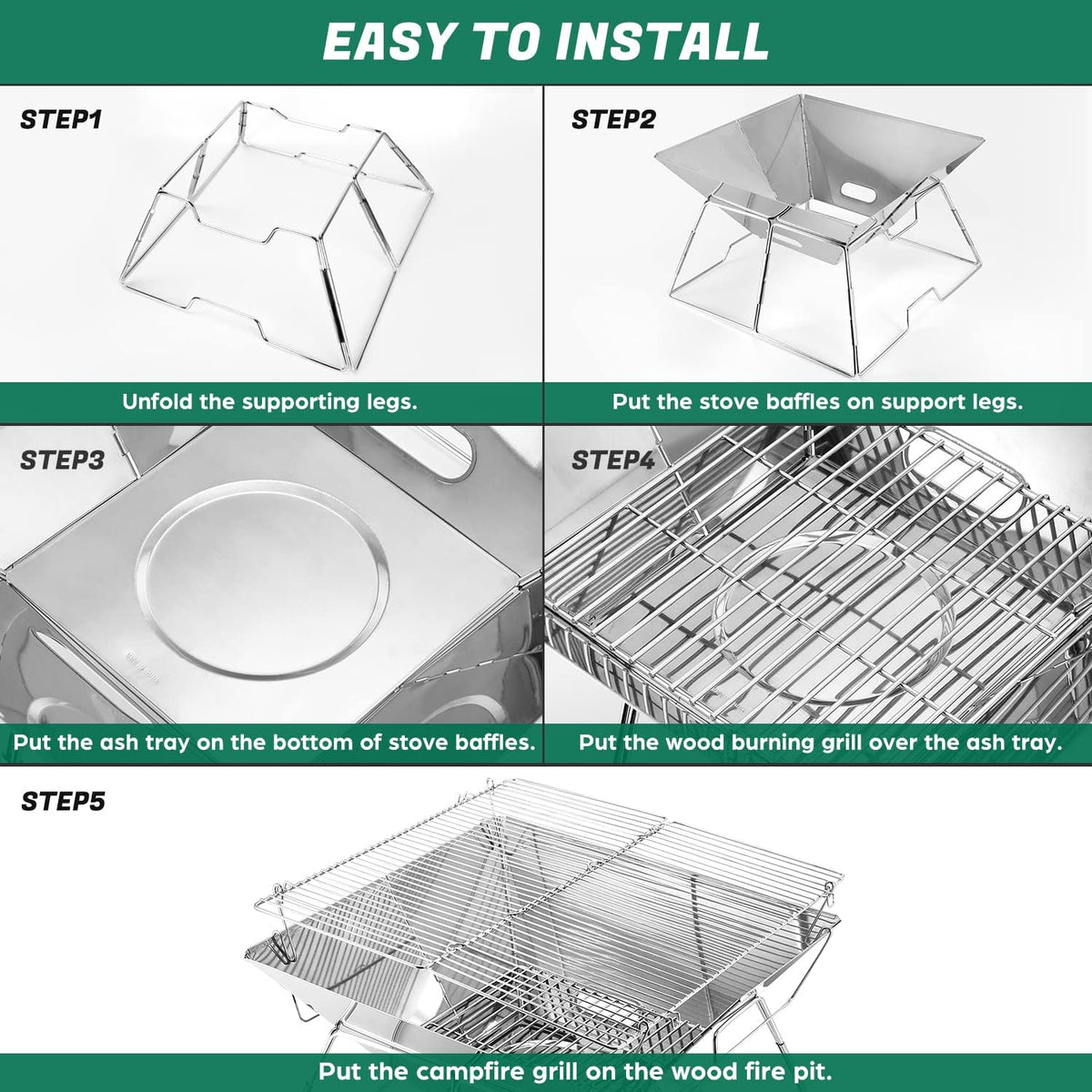 Odoland Folding Campfire Grill, 304 Stainless Steel Grate Barbeque Grill, Portable Camping Grill with Legs for Picnics, Backpacking, Outdoor with Carrying Bag and Kitchen Tongs
