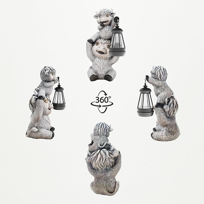 Highland Cow Statues with Solar Lights, Highland Cow Resin Figurine Lights, Highland Cow Ornaments for Patio, Balcony, Indoor Decoration and as Gifts