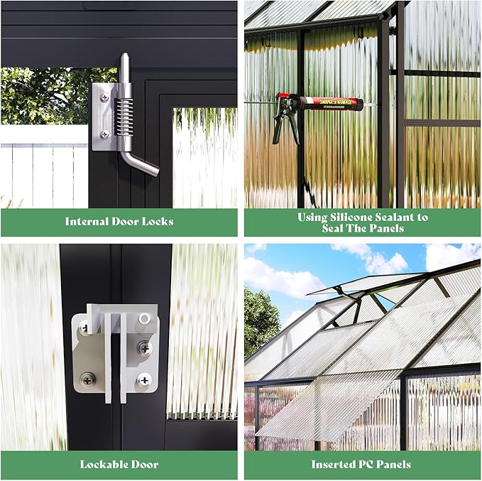 Amerlife 8x8x7 FT Ft Polycarbonate Greenhouse for Outdoors, Walk-in Design with Aluminum Frame, 2 Windows and Swing Door, Heavy-Duty Greenhouse Construction for Garden, Black