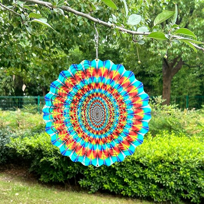 3D Wind Spinner Rainbow Mandala Stainless Steel Metal Wind Spinner Kinetic Metal Art Multi-Color Geometric Pattern Hanging Ornament for Yard Garden Patio