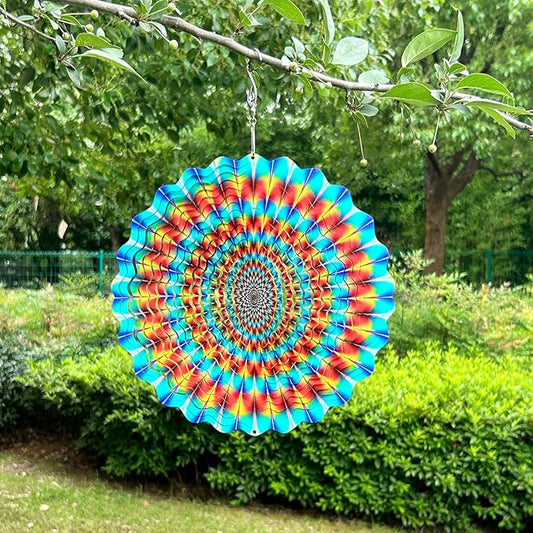 3D Wind Spinner Rainbow Mandala Stainless Steel Metal Wind Spinner Kinetic Metal Art Multi-Color Geometric Pattern Hanging Ornament for Yard Garden Patio