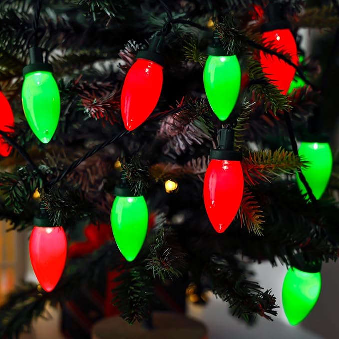 C9 Bulbs Classic Christmas Lights - 50 LED 32ft Strawberry String Light Red&Green - Extendable 8 Modes Funtion with Timer Fairy Lighting for Outdoor, Indoor, Party, Home, Tree Decorations