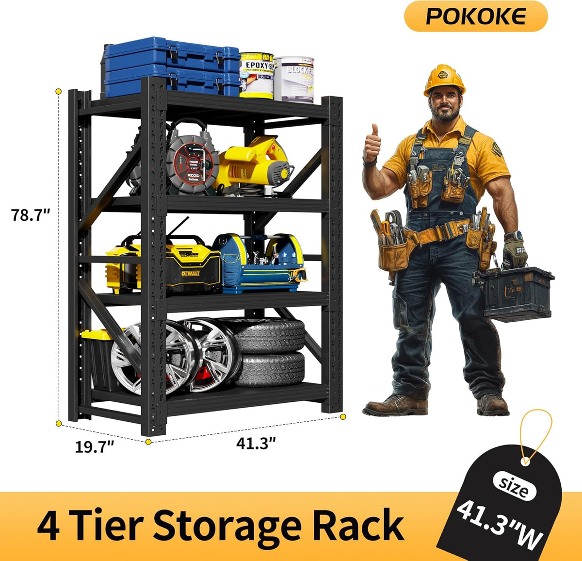 Garage Shelving Unit, 4 Tier Heavy Duty Racks, Easy Assembly, Metal Racks with Adjustable Shelves, 3000 LBS Load Capacity,for Warehouse,Basement (Black, 19.7" D x 41.3" W x 78.7" H)