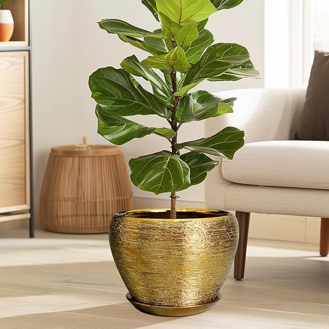 Ceramic Planter 10 Inch - Indoor Plant Pot with Drainage Hole and Saucer Large Decorative Planter Mid-Century Modern Flower Pot Outdoor for Home Decor Gold