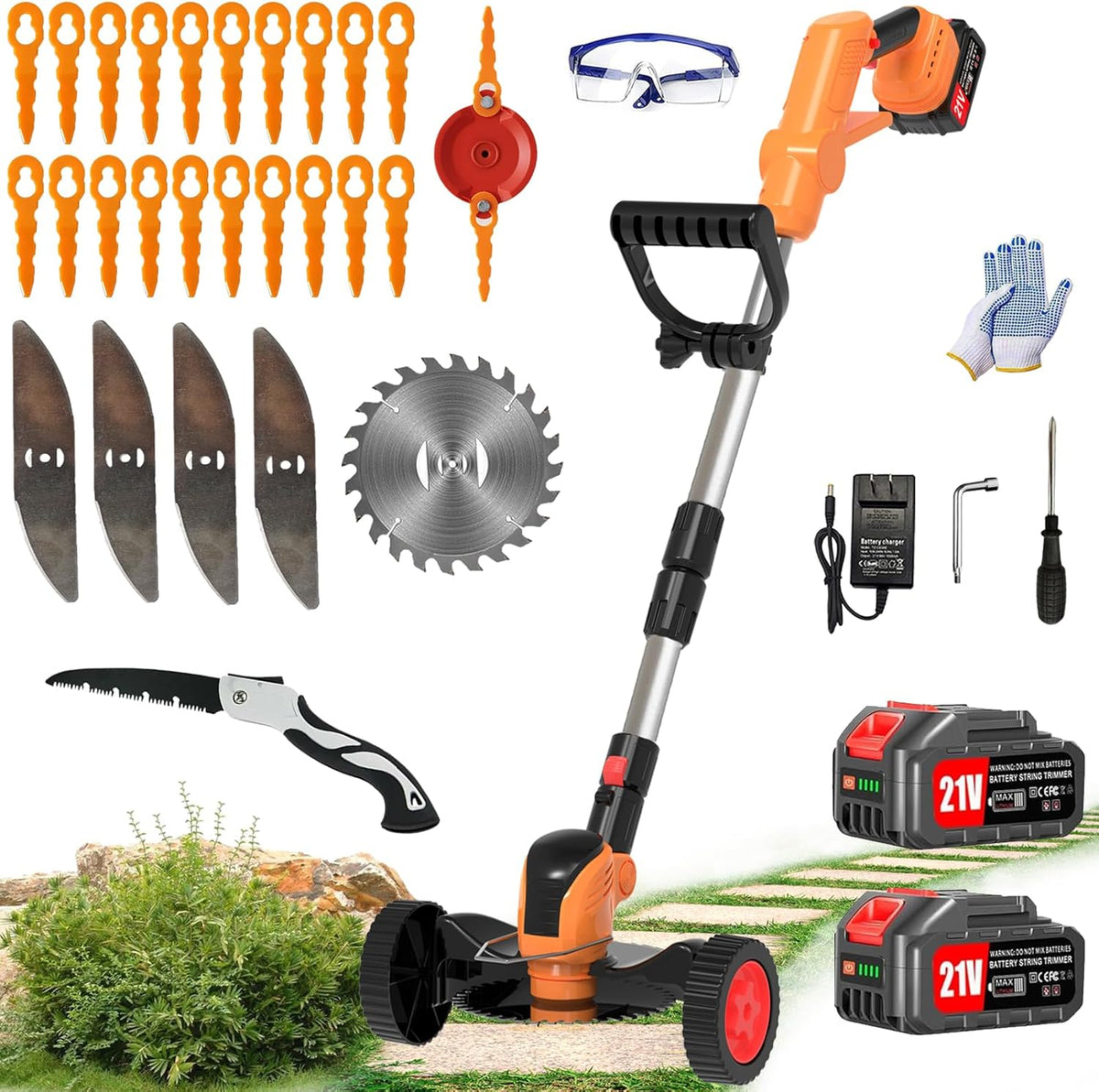 Electric Weed Wacker Cordless Eater Battery Powered Eater Lightweight Edger Portable Stringless Grass Trimmer/Lawn Mower/Brush Cutter, with 3 Types Blades & Wheels for Yard and Garden-Orange