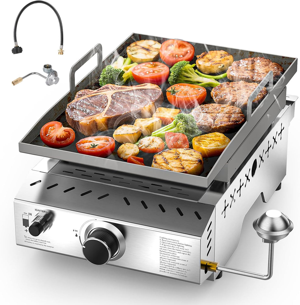 Stainless Steel Tabletop Grill,18 Inch Portable Propane Grill Griddle with Handle,8000 BTU Flat Top Grill for Camping, Outdoor & Tailgating Barbecue