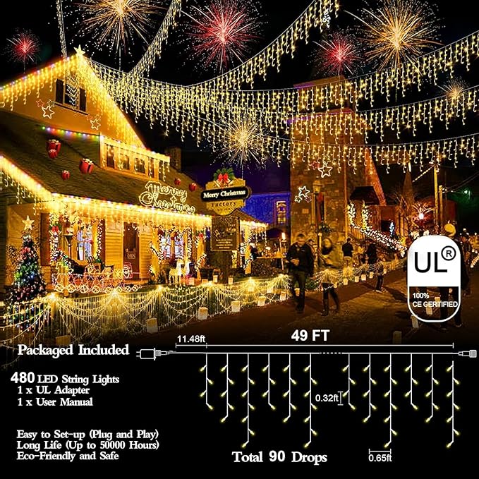480 LED 49FT Christmas Lights Plug in 8 Modes with Timer Dimmable Christmas Decorations Outdoor Waterproof Indoor Curtain String Lights for Roof Garden Holiday Wedding Party Decor Warm White