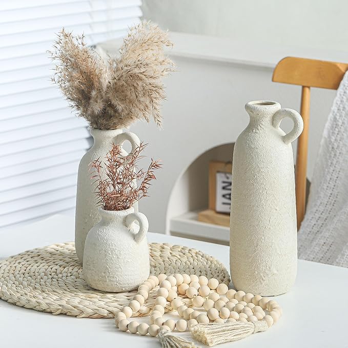 Ceramic Vase Set of 3 with Handle, Neutral Rustic Vases Home Decor Farmhouse Decorative Vase Whitewashed Pottery Decor Modern for Table Mantel Entryway Bookshelf Living Room Kitchen Bedroom - White
