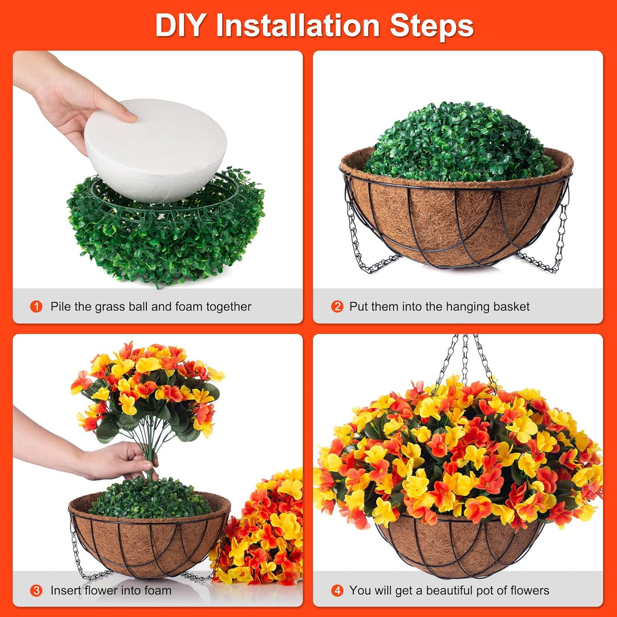 Fall Artificial Hanging Flowers with 12" Basket for Outdoor Decor, Fake Hydrangea UV Resistant Arrangements in Pot Planter Decor for Autumn Porch Garden Yard(OrangeYellow)