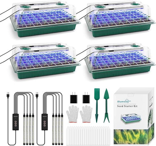 BlumWay Seed Starter Tray with Grow Light,4 Pack 160 Cells Seedling Tray with Humidity Dome/Indoor Grow Kit for Deep-Rooted Seedlings,Adjustable/Timed Light Plant Starter Set