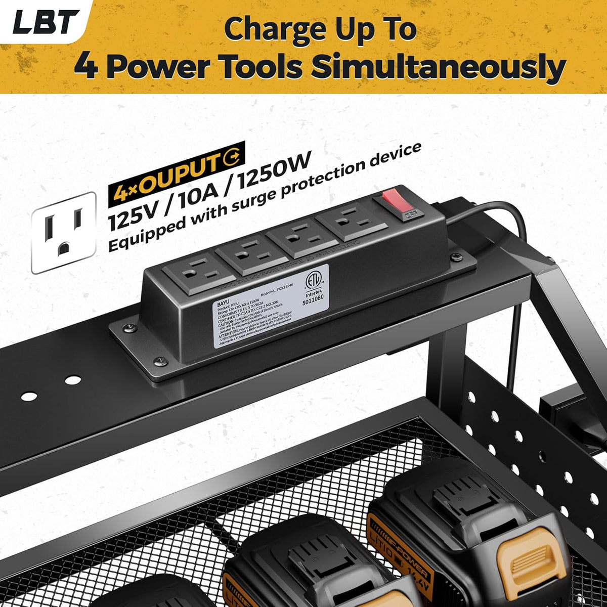 LBT Heavy Duty Metal Power Tool Organizer Wall Mount with 4 Outlet Charging Station & Drill Holder, 4 Layer Garage Storage Rack 120LB, Gift for Men Dad Husband (Workshop, Anniversary, Father's Day)