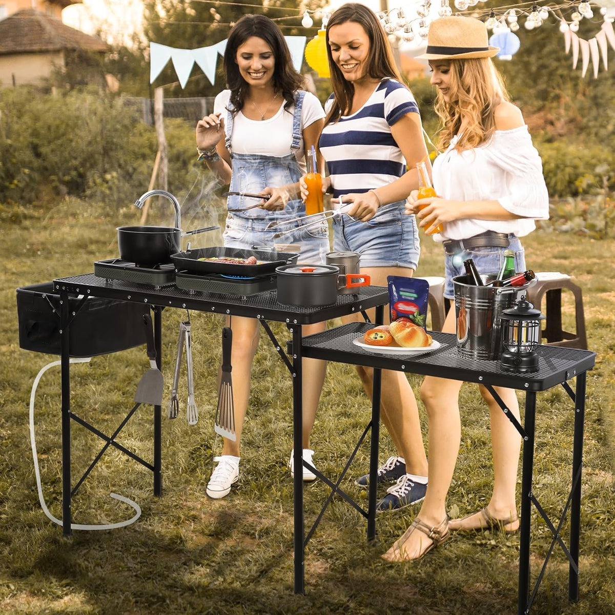 RedSwing Folding Grill Table with Sink and Double Shelf, Multifunctional Portable Grill Stand Table for Outdoor Camping Picnic BBQ, 69 x20 x31.5 Inches, Black