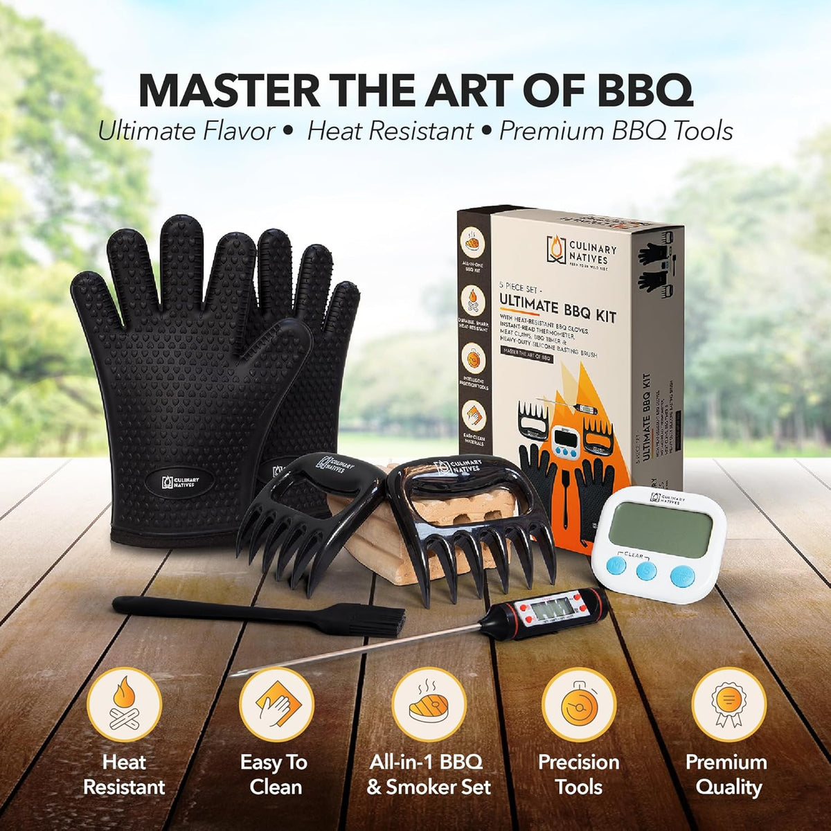 Smoker Gloves, Meat Claws, Thermometer, Timer, Brush | No.1 Heat Resistant BBQ Gloves | Meat Shredder Claws | Silicone Grill Gloves and Pulled Pork Claws with Smoker Accessories Kit & Tools (Black)
