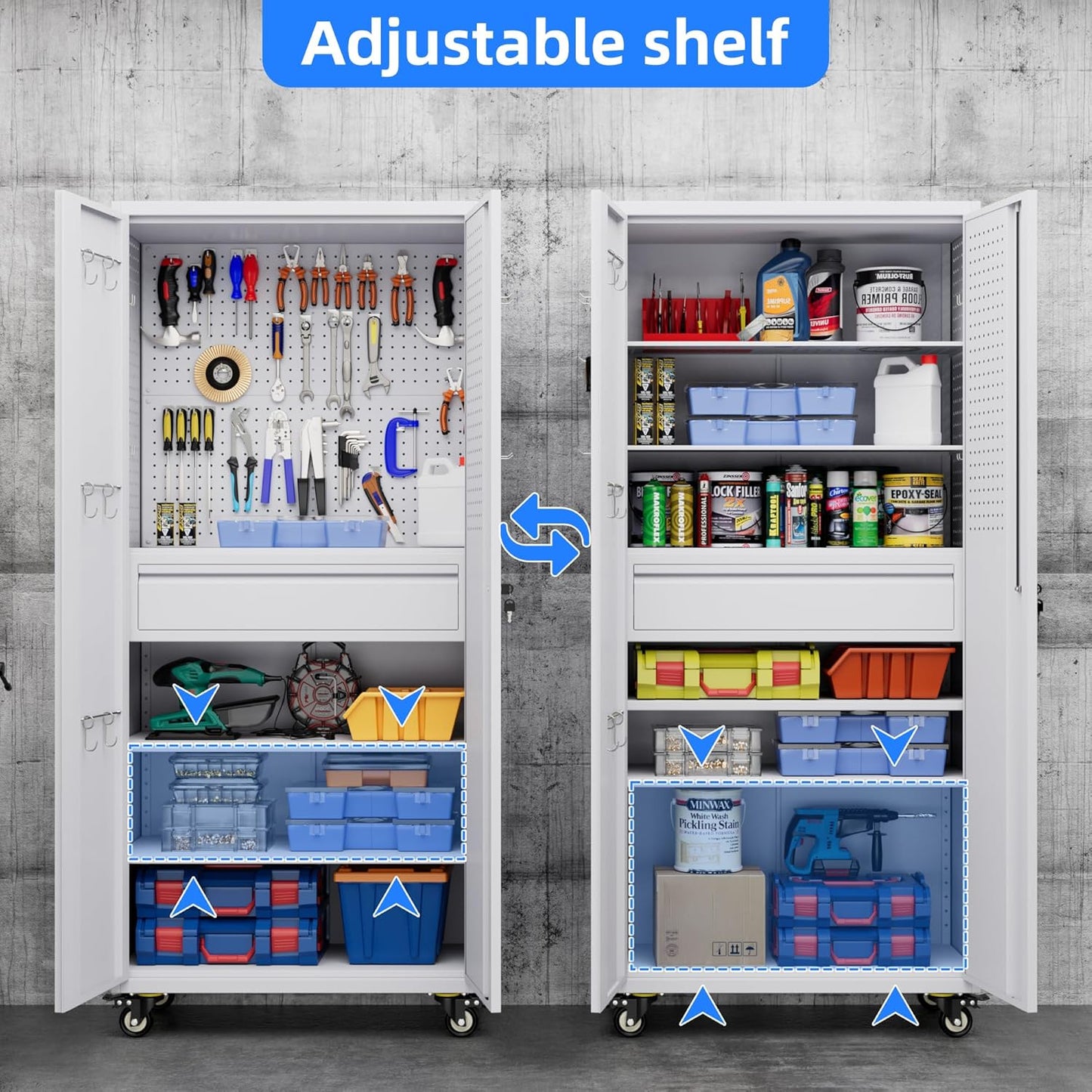 71" H Garage Storage Cabinet with Locking Doors and 2 Adjustable Shelves, Metal Tool Storage Cabinet with Wheels, Drawer, Pegboard and 16 Hooks for Garage, Warehouse, White