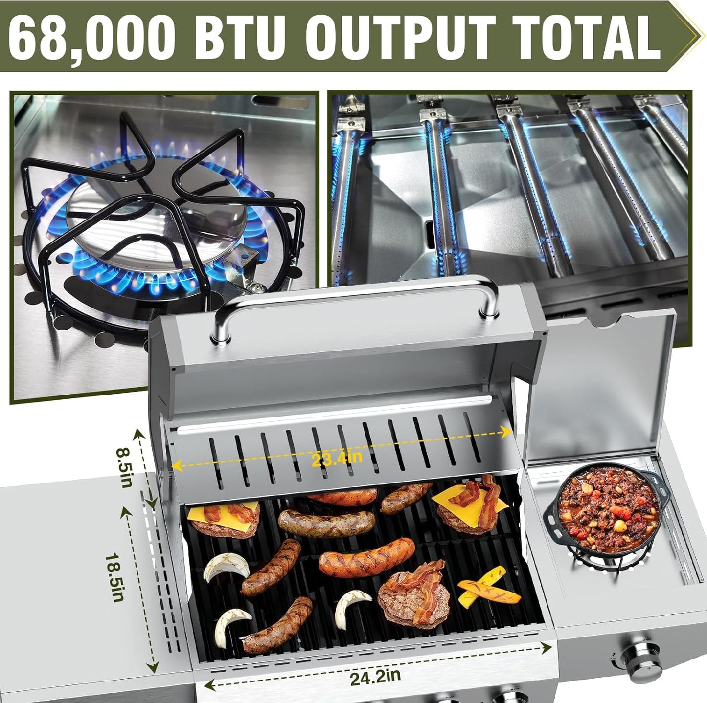 BESTFIRE 68,000 BTU 5+1 Burner Propane Grill - Stainless Steel BBQ with 647 sq in UPGRADED OIL-DRAIN Plates, Cast Iron Grates, Side Burner + FREE Food Clip for Outdoor Cooking
