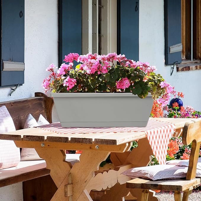 12Pcs 17Inches Rectangle Planter Box with Drainage Holes and Trays Plastic Planters Flower Boxes Pots for Indoor Outdoor Plants Patio Garden Home Decor Porch Yard (Gray)