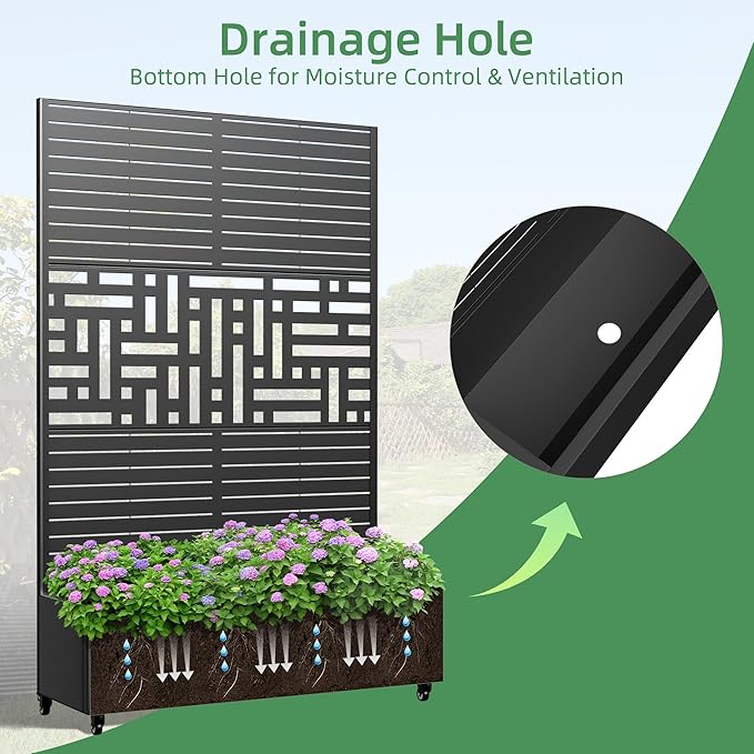 Casaphoria Metal Raised Garden Bed with Trellis and Wheels, 72"x47"x16" Planter Box for Climbing Plants, Vegetables & Vines, Features Drainage Holes and Privacy Screen, Black(Louvered&Helen)