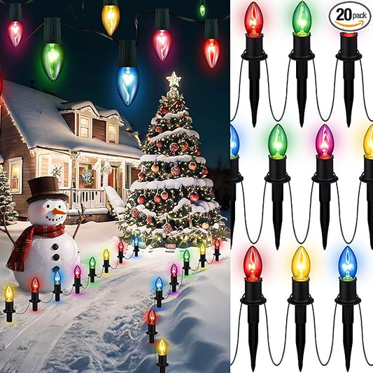 Christmas Pathway Lights Outdoor - 24.2ft Multicolor Walkway With Stakes, C9 Driveway for Outside Yard Garden, Extendable Xmas Holiday Decorations, 20 Lights