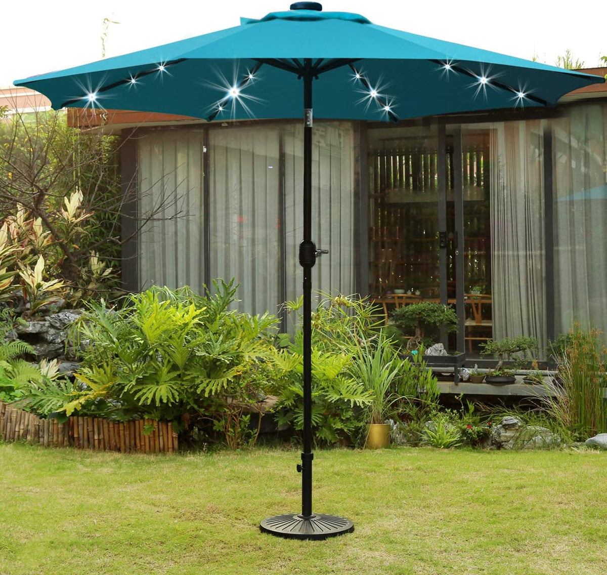Sunnyglade 9' Solar LED Lighted Patio Umbrella with 8 Ribs/Tilt Adjustment and Crank Lift System (Teal Blue)