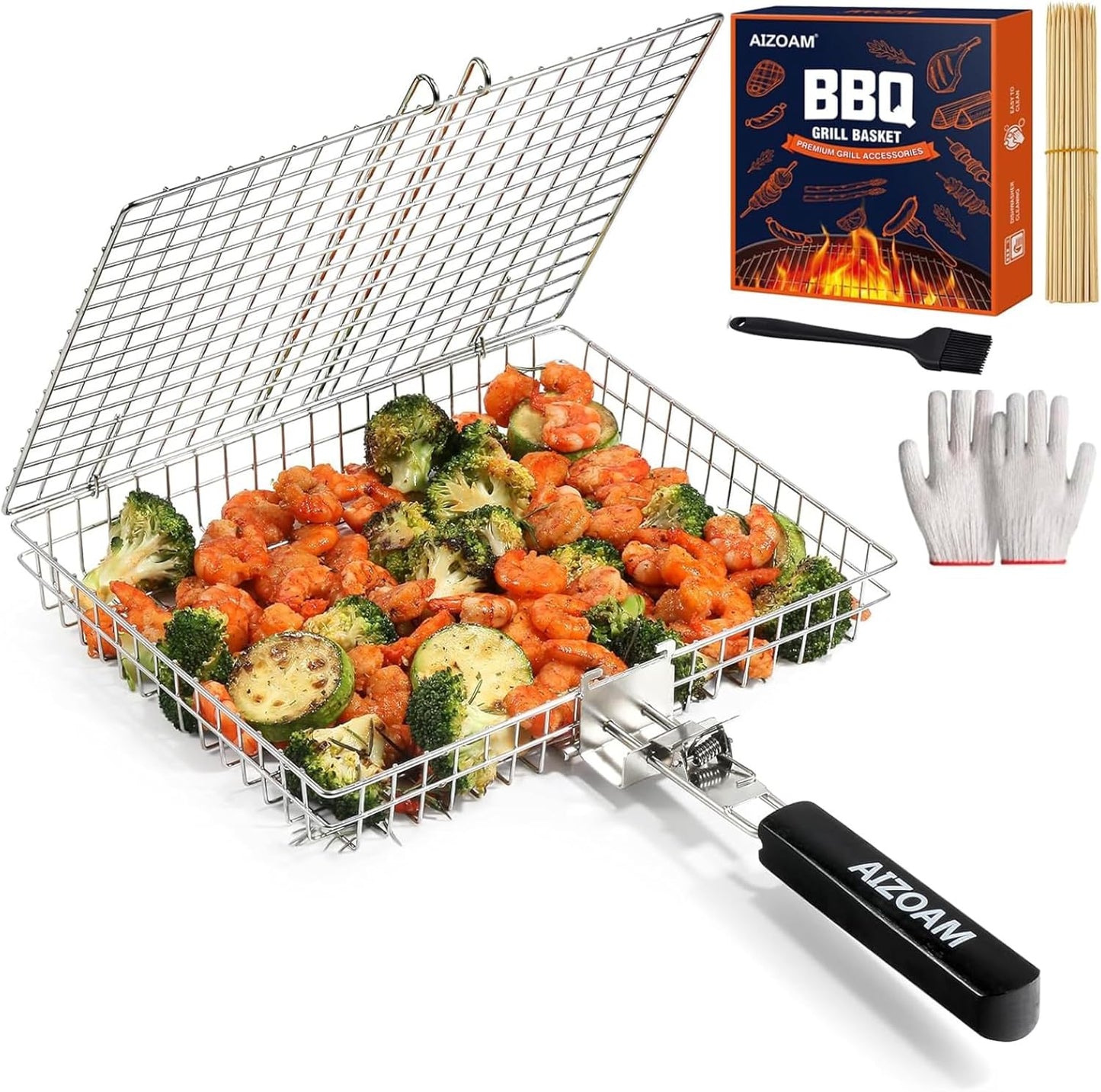 Grill Basket - Grill Baskets for Outdoor Grill, Stainless Steel Large Grilling Basket w Removable Handle, Portable Fish Grilling Rack for Grill Ideal Meat Fish Vegetables Grilling Accessories