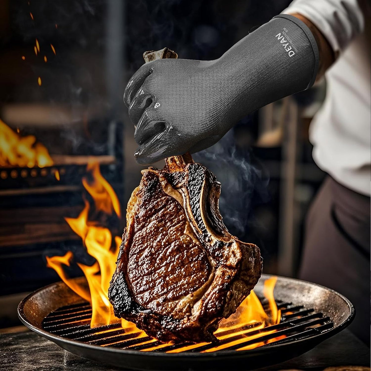 DEYAN Silicone BBQ & Oven Gloves - Food Grade, Heat Resistant Waterproof & Oil Proof Gloves for Grilling, Baking, Frying, Cooking - Long Sleeve & Non-Slip Grip, 1 Pair(Black, 10/XL)