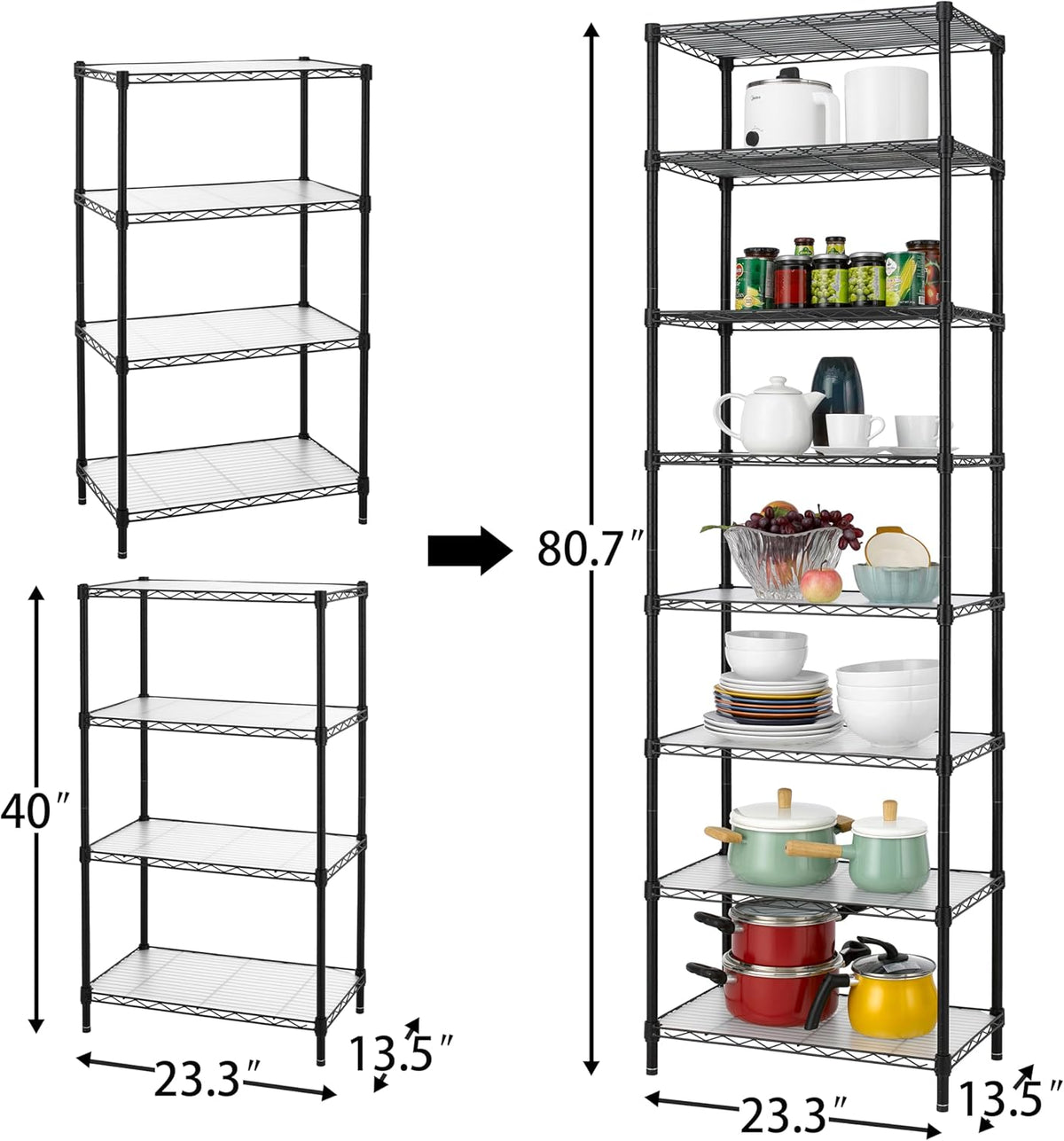 Finnhomy 8-Tier Wire Shelving Unit Adjustable Steel Wire Rack Shelving, 80.7 Inches Height 8 Shelves Metal Storage Rack, Pantry Shelves for Storage with PE mat, NSF Certified, Black