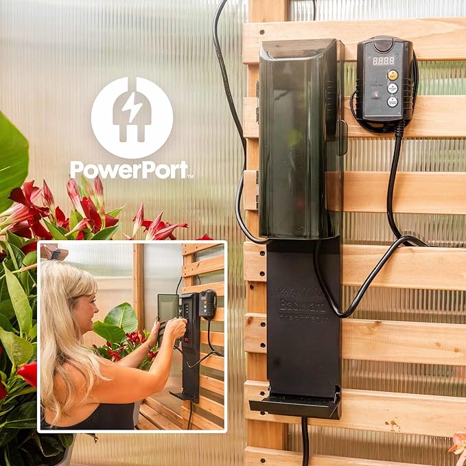 Backyard Discovery Poppy 9' x 6' Cedar Wood and Polycarbonate Walk-in Greenhouse Kit with Exhaust Fan, Windows, Hose Hook-Ups, PowerPort, Staging Shelves, Plant Hooks for Year-Round Outdoor Gardening