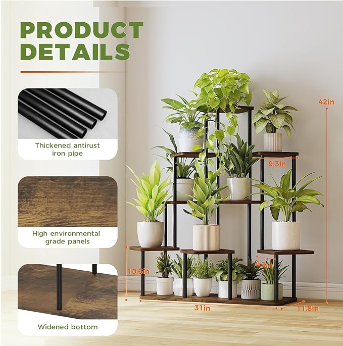 Bamworld Large Plant Stand Indoor, 9 Tier Tall Metal Plant Shelf for Multiple Plants, Tiered Flower Stand for Patio Garden Balcony Living Room Bedroom(Brown)