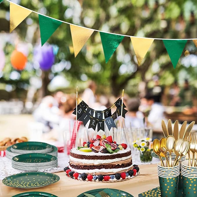 Green Gold Party Decorations Metallic Fabric Triangle Pennant Banner Flag Bunting Garland for Graduations Birthday Retirement Wedding Baby Shower Spring Summer Master Golf Theme Outdoor Party Supplies