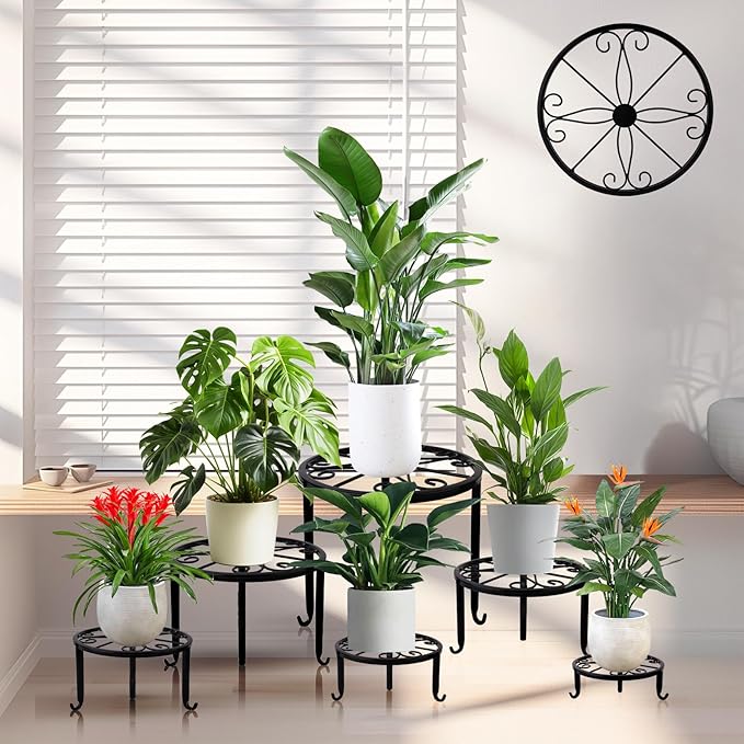 6-Pack Metal Plant Stand,Heavy Duty Flower Pot Stands for Multiple Plant,Outdoor Anti-Rust Plant Pot Shelf, Round Plant Holder for Outdoor/Indoor Planter, Living Room, Balcony Decor (6PACK BLACK)