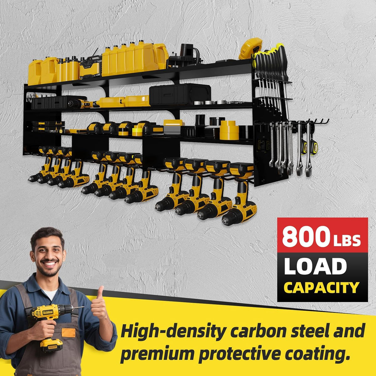 Power Tool Organizer Wall Mount with 12-Drill Holders-800Lbs Load Heavy Duty Metal 4-Layers Garage Storage and Organization Adjustable Battery Tools Rack with Side Panels Utility Racks Gifts for Men