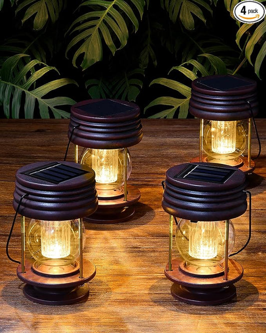4 Pack Hanging Solar Lanterns Waterproof Lights Powered Led Decorative Landscape Light Table Lamp with Design for Patio, Garden, Yard, and Pathway Decor, Warm