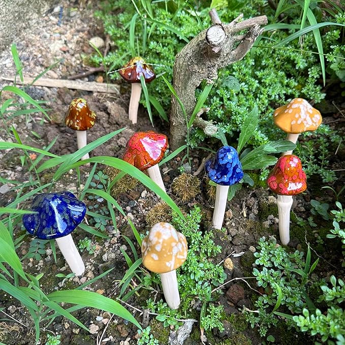 Ceramic Mushrooms Garden Decor Fairy Yard Patio Indoor and Outdoor Micro Landscape Decorations, 8 Pieces Simulated Mushroom Ornaments Statue Stake Mushroom Garden Decor Figurines Decoration Yard Gifts