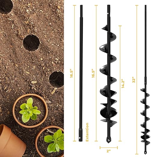 Auger Drill Bit for Planting 2x32'' - with Extension - Spiral Hole Planter for Bulbs, Fence Posts, and Umbrella Holes - 3/8'' Hex Drive Drill- Gardening Hole Digger Yard Tools