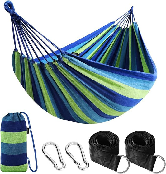 ANYOO Cotton Hammock Portable Camping Hammocks for Hanging Sturdy Garden Comfortable Fabric Hammock with Tree Straps Up to 660lbs with Travel Bag for Camping Outdoor/Indoor Patio Backyard