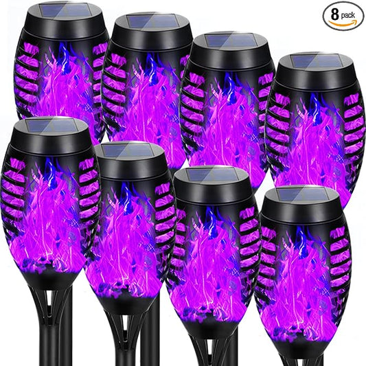 8 Pack Solar Torch Lights Outdoor Waterproof - Purple Flickering Flame, Outdoor Solar Garden Lights for Yard, Tiki Torches for Outside Patio Pathway Decorations