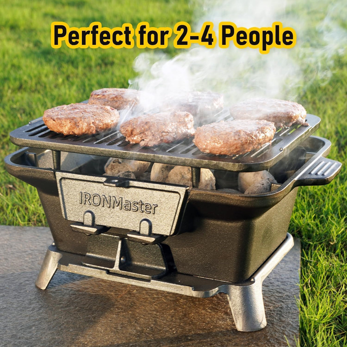 IronMaster Hibachi Grill Outdoor, Small Portable Charcoal Grill, 100% Pre-Seasoned Cast Iron, Japanese Yakitori Camping Grill - 2 Heights, Air Control, Coal Door + Carrying case